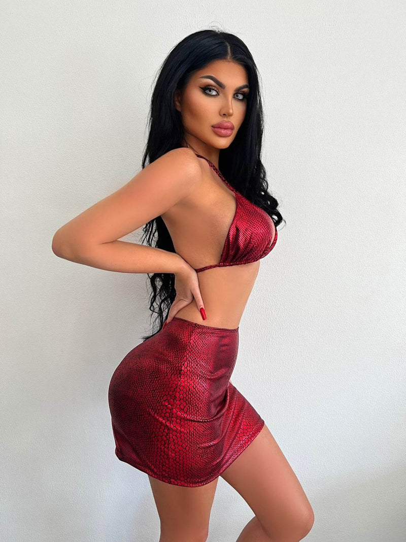 Women's 3 Piece Bathing Suits Halter Snake Pattern Bikini Set With Cover Up Skirt Summer Swimsuit - Global Merch Markets