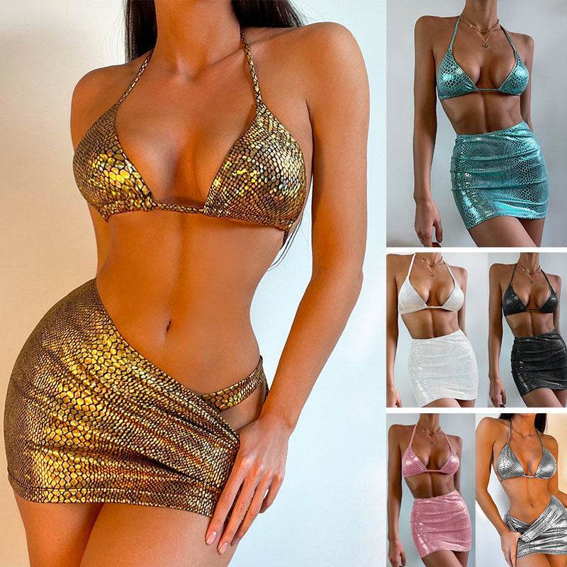 Women's 3 Piece Bathing Suits Halter Snake Pattern Bikini Set With Cover Up Skirt Summer Swimsuit - Global Merch Markets
