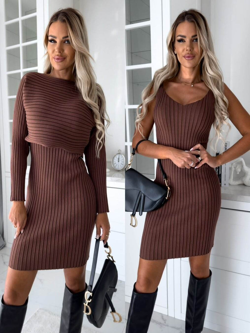 2pcs Suit Women's Solid Stripe Long-sleeved Top And Tight Suspender Skirt Fashion Autumn Winter Slim Clothing - Global Merch Markets