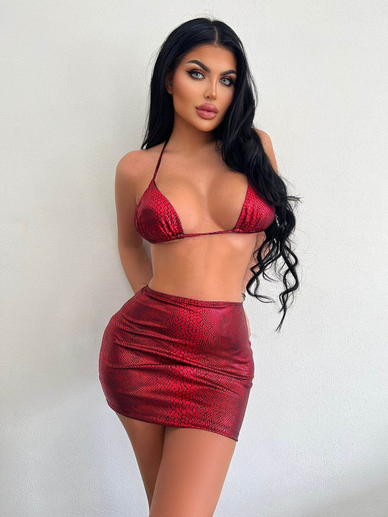 Women's 3 Piece Bathing Suits Halter Snake Pattern Bikini Set With Cover Up Skirt Summer Swimsuit - Global Merch Markets