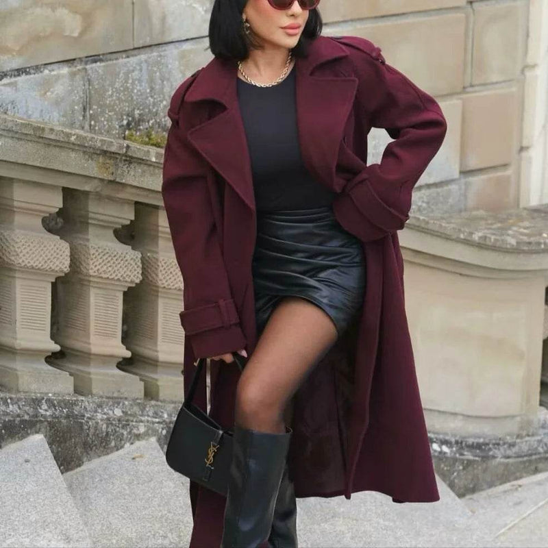 Elegant Bordeaux Lapel Mix Maxi Overcoat - Global Merch Markets