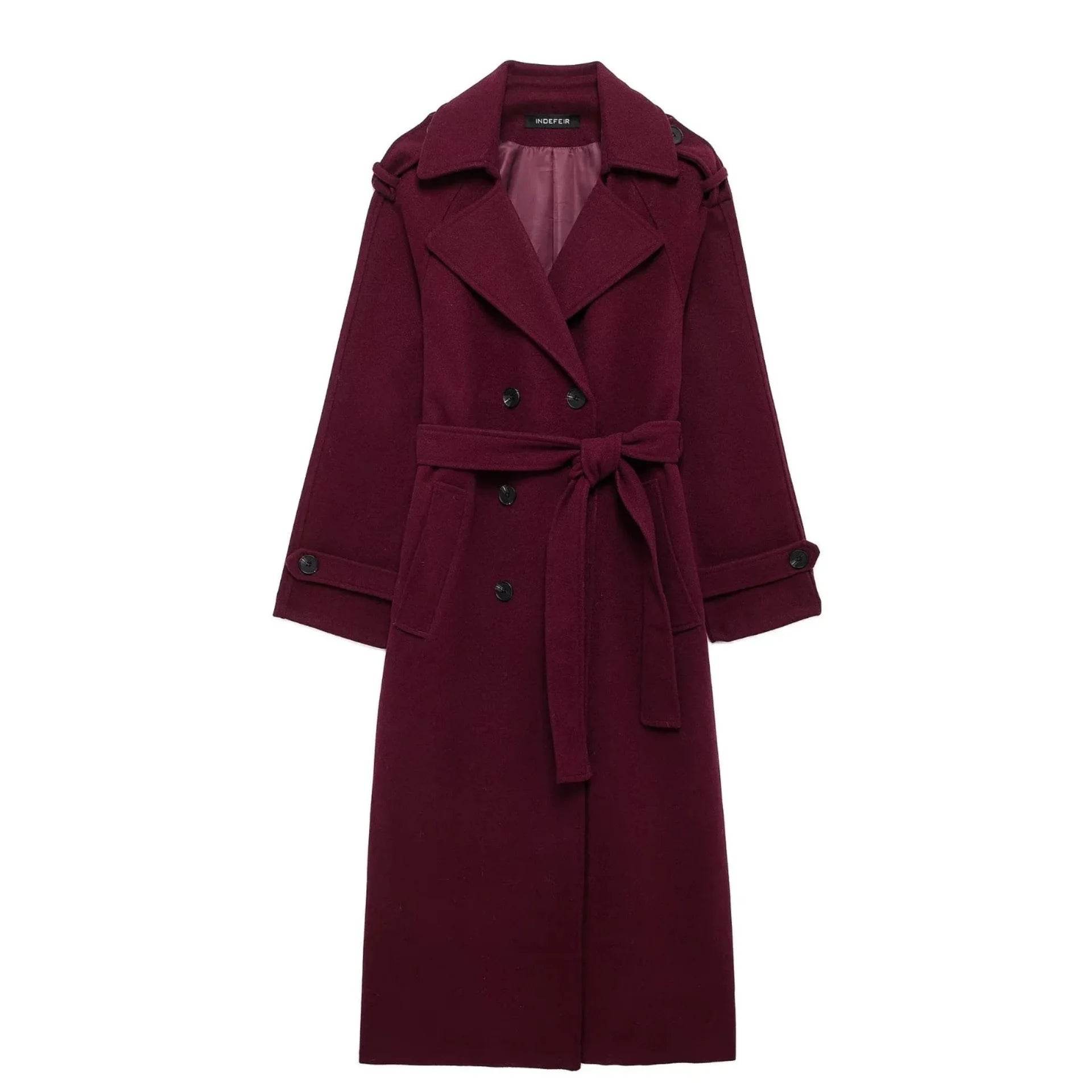 Elegant Bordeaux Lapel Mix Maxi Overcoat - Global Merch Markets