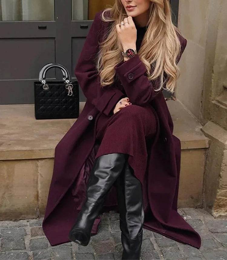 Elegant Bordeaux Lapel Mix Maxi Overcoat - Global Merch Markets