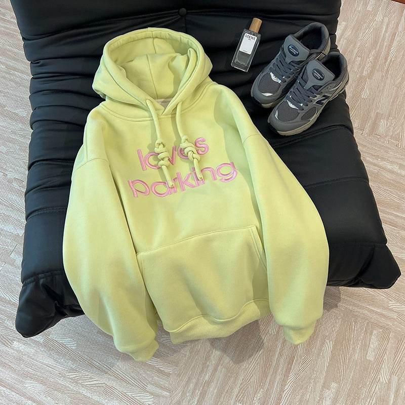 European Goods Trendy Brand Oversize Embroidered Letters Pink Lazy Hoodie Women Autumn and Winter Fleece-lined Plus size Outerwear - Global Merch Markets