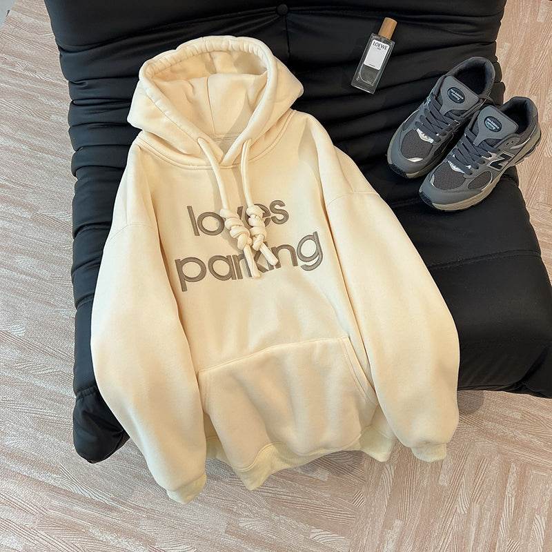 European Goods Trendy Brand Oversize Embroidered Letters Pink Lazy Hoodie Women Autumn and Winter Fleece-lined Plus size Outerwear - Global Merch Markets
