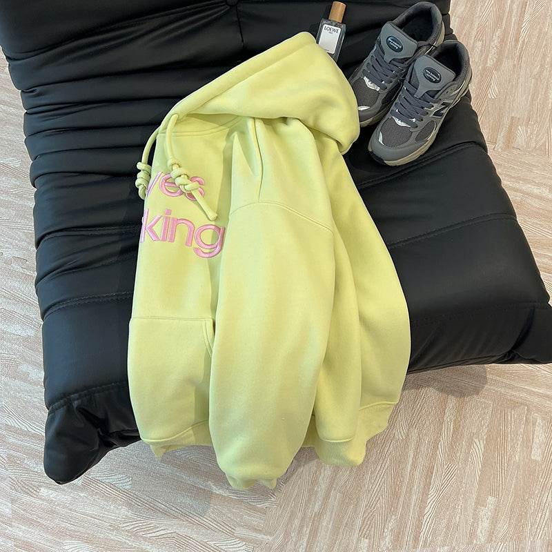 European Goods Trendy Brand Oversize Embroidered Letters Pink Lazy Hoodie Women Autumn and Winter Fleece-lined Plus size Outerwear - Global Merch Markets