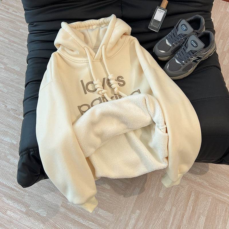European Goods Trendy Brand Oversize Embroidered Letters Pink Lazy Hoodie Women Autumn and Winter Fleece-lined Plus size Outerwear - Global Merch Markets