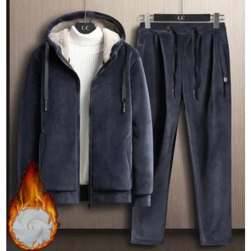 Men's Sets Jacket + Pant Warm Fur Winter Sweatshirt Cashmere Tracksuit Men's Sets Fleece Thick Hooded Brand Casual Track Suits - Global Merch Markets
