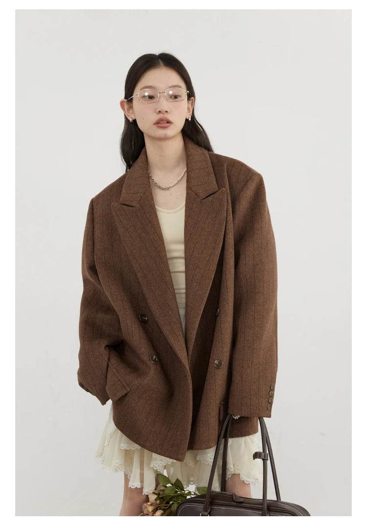 CHIC VEN Women Woolen Blazer Loose Vintage V Neck Female Jacket Suit Double Breasted Office Ladies Coat Spring Autumn 2025 - Global Merch Markets