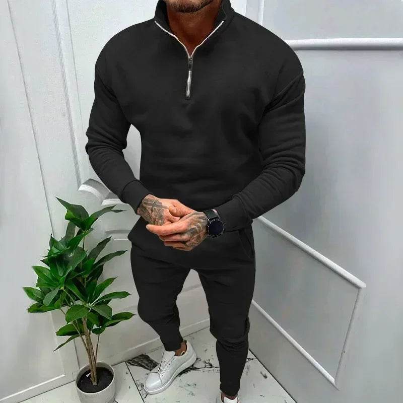 2025 Men's Warm Casual Soft Sets 2PCS Autumn Winter Solid Half Zip Loose Jumpers Sweatshirts and Pants Sets Male Sportswear Sets - Global Merch Markets