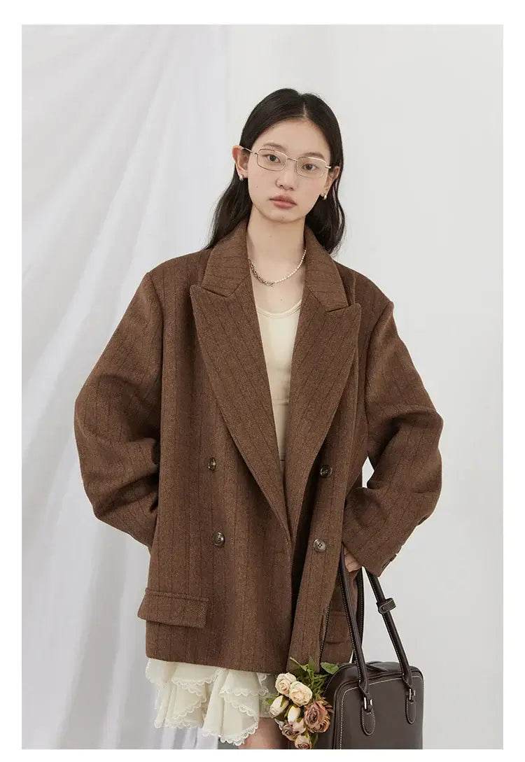 CHIC VEN Women Woolen Blazer Loose Vintage V Neck Female Jacket Suit Double Breasted Office Ladies Coat Spring Autumn 2025 - Global Merch Markets