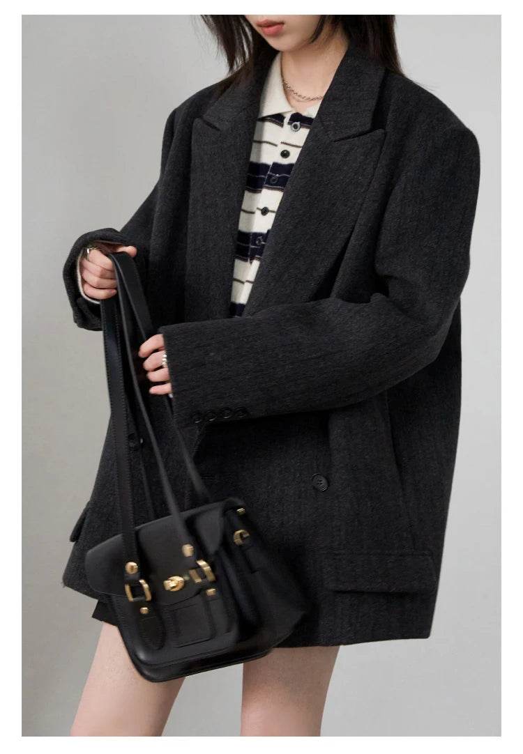 CHIC VEN Women Woolen Blazer Loose Vintage V Neck Female Jacket Suit Double Breasted Office Ladies Coat Spring Autumn 2025 - Global Merch Markets