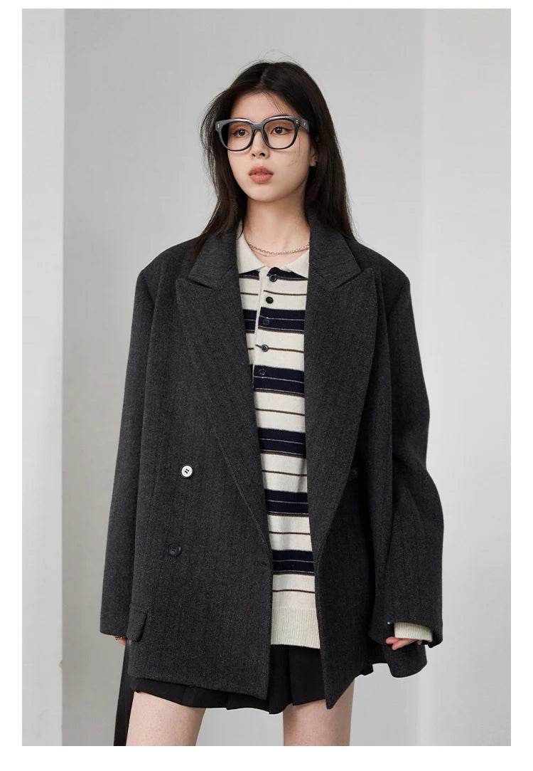 CHIC VEN Women Woolen Blazer Loose Vintage V Neck Female Jacket Suit Double Breasted Office Ladies Coat Spring Autumn 2025 - Global Merch Markets