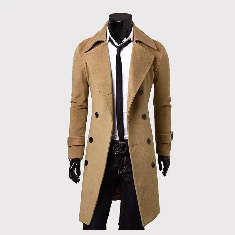 Mens Double Breasted Trench Coat Wool Blend 2023 Autumn Winter Solid Casual Slim Fit Long Jacket Wool Coat Fashion Mens Clothing - Global Merch Markets