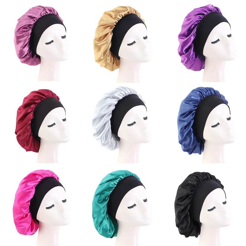 New Satin Sleeping Cap for Women Wide Elastic Band Shower Caps for Natural Long Curly Hair Bathroom Accessories - Global Merch Markets