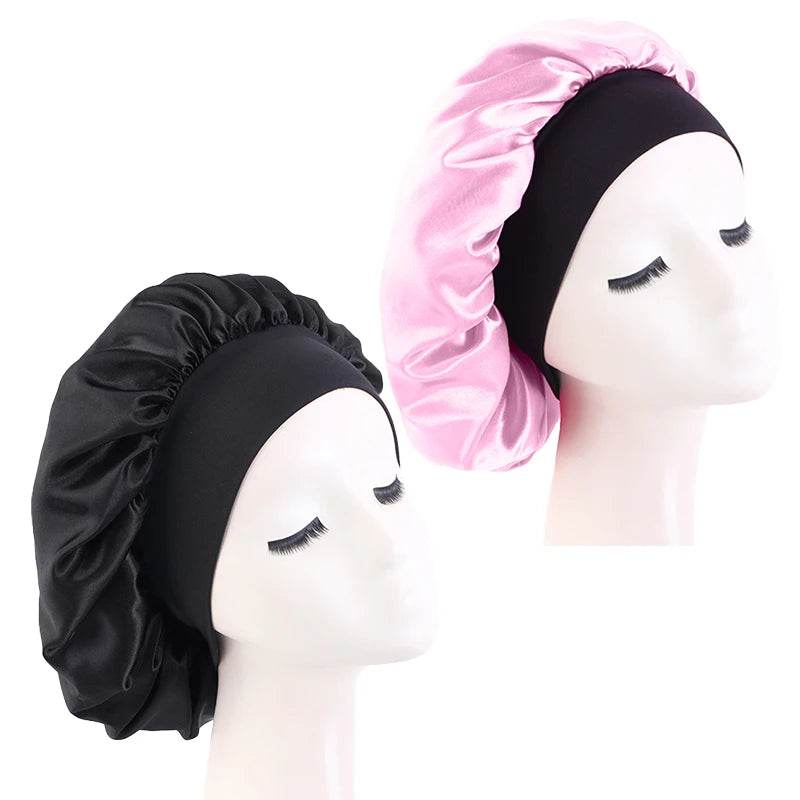 New Satin Sleeping Cap for Women Wide Elastic Band Shower Caps for Natural Long Curly Hair Bathroom Accessories - Global Merch Markets