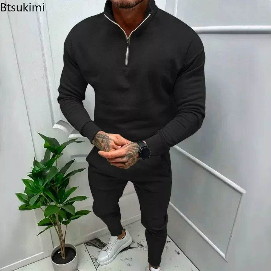 2025 Men's Warm Casual Soft Sets 2PCS Autumn Winter Solid Half Zip Loose Jumpers Sweatshirts and Pants Sets Male Sportswear Sets - Global Merch Markets