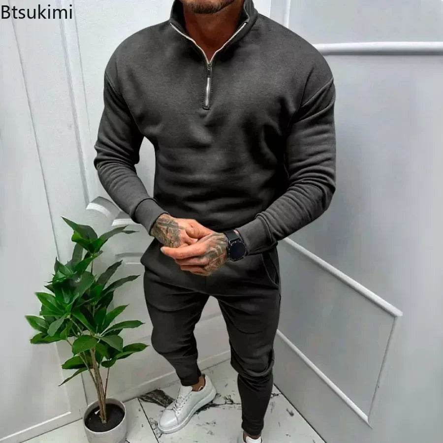 2025 Men's Warm Casual Soft Sets 2PCS Autumn Winter Solid Half Zip Loose Jumpers Sweatshirts and Pants Sets Male Sportswear Sets - Global Merch Markets