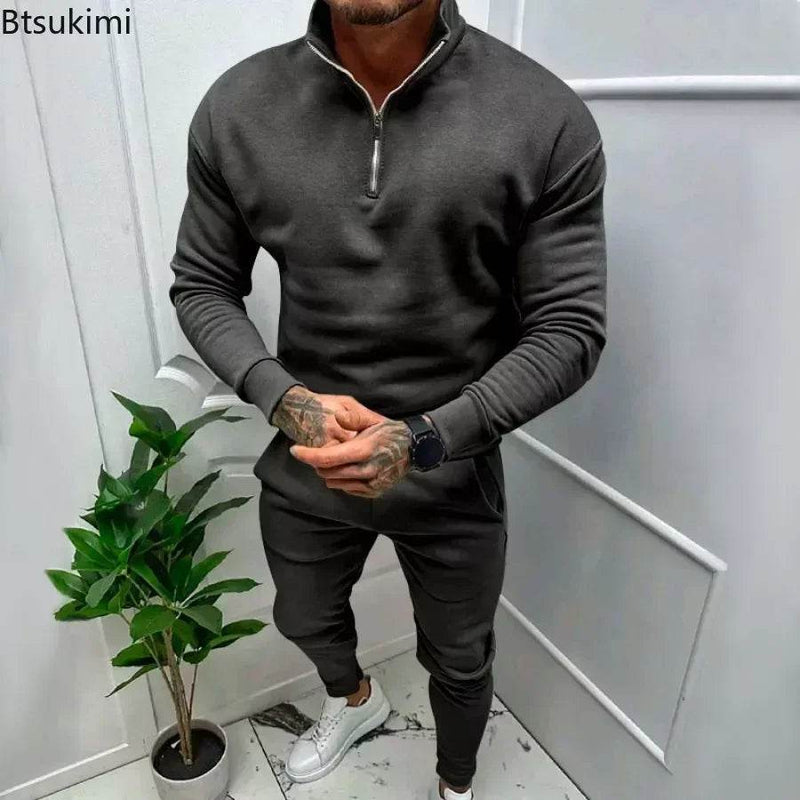 2025 Men's Warm Casual Soft Sets 2PCS Autumn Winter Solid Half Zip Loose Jumpers Sweatshirts and Pants Sets Male Sportswear Sets - Global Merch Markets