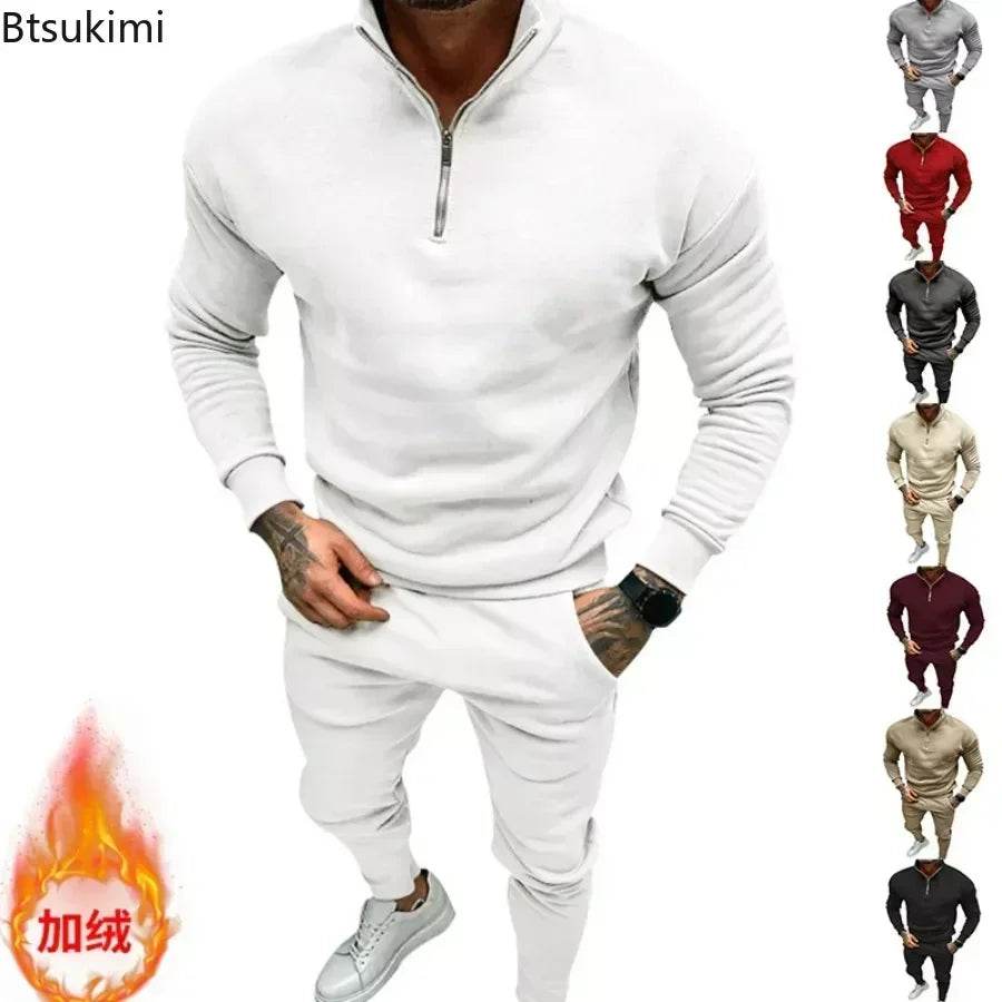 2025 Men's Warm Casual Soft Sets 2PCS Autumn Winter Solid Half Zip Loose Jumpers Sweatshirts and Pants Sets Male Sportswear Sets - Global Merch Markets