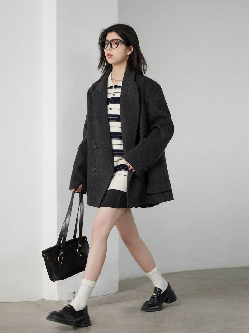 CHIC VEN Women Woolen Blazer Loose Vintage V Neck Female Jacket Suit Double Breasted Office Ladies Coat Spring Autumn 2025 - Global Merch Markets