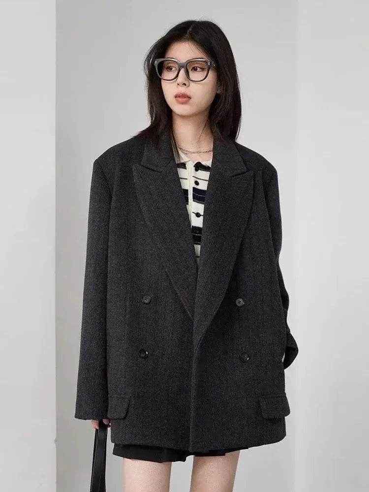 CHIC VEN Women Woolen Blazer Loose Vintage V Neck Female Jacket Suit Double Breasted Office Ladies Coat Spring Autumn 2025 - Global Merch Markets