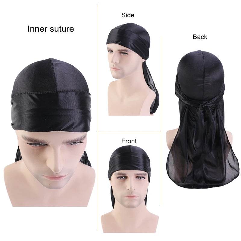Unisex Silky Long Tail Durag Pirate Hat Turban Fashion Headwraps Cap Bandana Women Men Headwear Caps Hijab Hair Accessories ﻿ - Global Merch Markets
