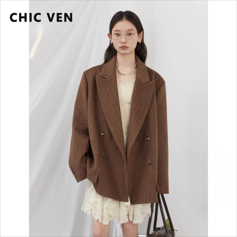 CHIC VEN Women Woolen Blazer Loose Vintage V Neck Female Jacket Suit Double Breasted Office Ladies Coat Spring Autumn 2025 - Global Merch Markets