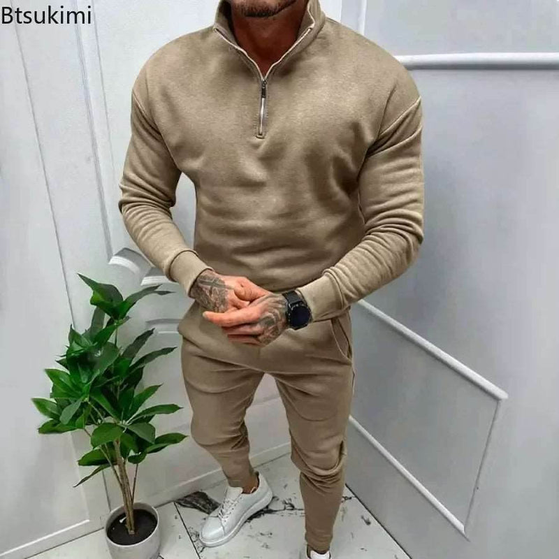 2025 Men's Warm Casual Soft Sets 2PCS Autumn Winter Solid Half Zip Loose Jumpers Sweatshirts and Pants Sets Male Sportswear Sets - Global Merch Markets