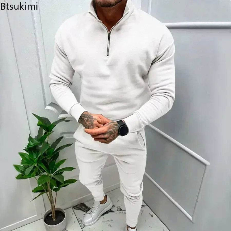 2025 Men's Warm Casual Soft Sets 2PCS Autumn Winter Solid Half Zip Loose Jumpers Sweatshirts and Pants Sets Male Sportswear Sets - Global Merch Markets