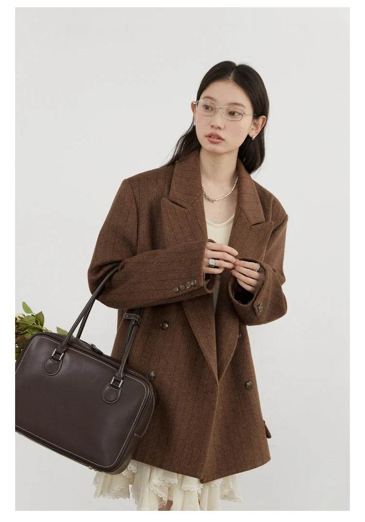 CHIC VEN Women Woolen Blazer Loose Vintage V Neck Female Jacket Suit Double Breasted Office Ladies Coat Spring Autumn 2025 - Global Merch Markets