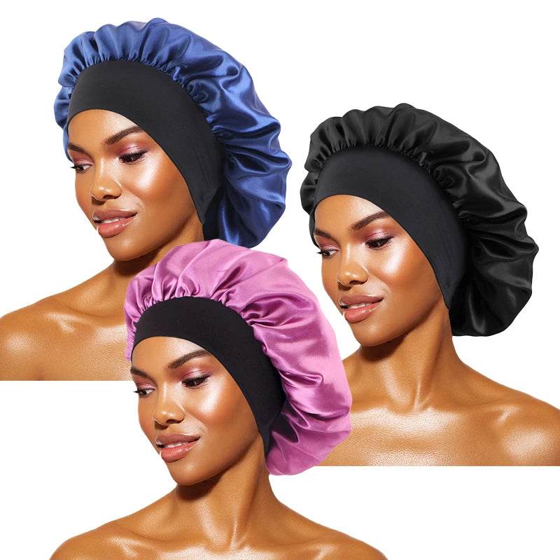 New Satin Sleeping Cap for Women Wide Elastic Band Shower Caps for Natural Long Curly Hair Bathroom Accessories - Global Merch Markets