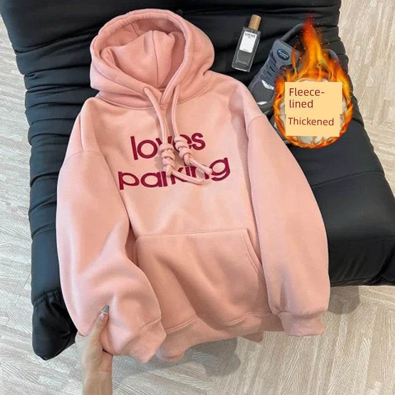 European Goods Trendy Brand Oversize Embroidered Letters Pink Lazy Hoodie Women Autumn and Winter Fleece-lined Plus size Outerwear - Global Merch Markets