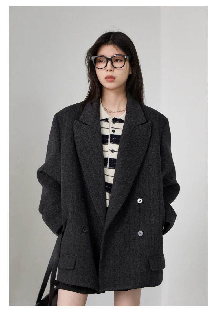 CHIC VEN Women Woolen Blazer Loose Vintage V Neck Female Jacket Suit Double Breasted Office Ladies Coat Spring Autumn 2025 - Global Merch Markets