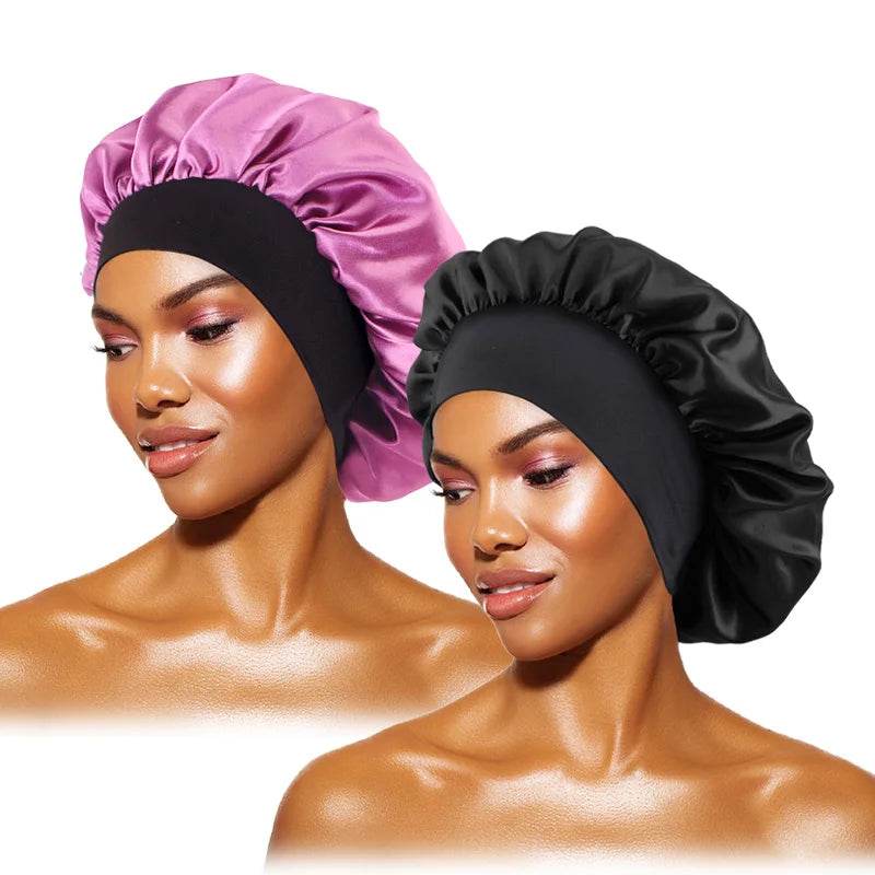 New Satin Sleeping Cap for Women Wide Elastic Band Shower Caps for Natural Long Curly Hair Bathroom Accessories - Global Merch Markets