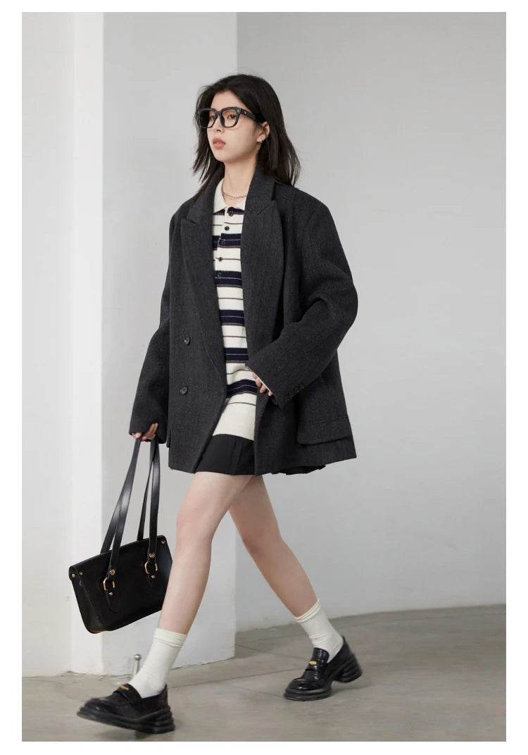 CHIC VEN Women Woolen Blazer Loose Vintage V Neck Female Jacket Suit Double Breasted Office Ladies Coat Spring Autumn 2025 - Global Merch Markets