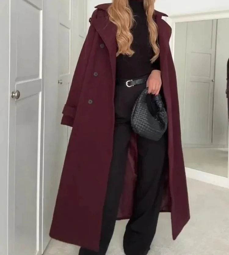 Elegant Bordeaux Lapel Mix Maxi Overcoat - Global Merch Markets