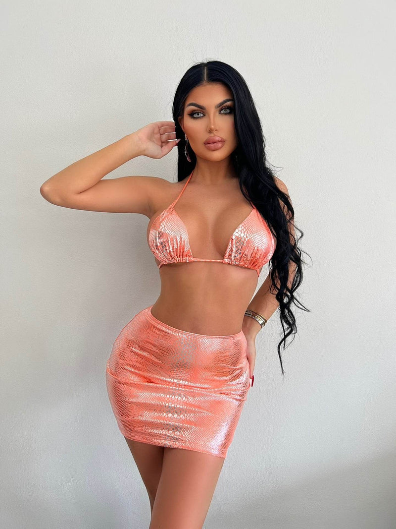 Women's 3 Piece Bathing Suits Halter Snake Pattern Bikini Set With Cover Up Skirt Summer Swimsuit - Global Merch Markets