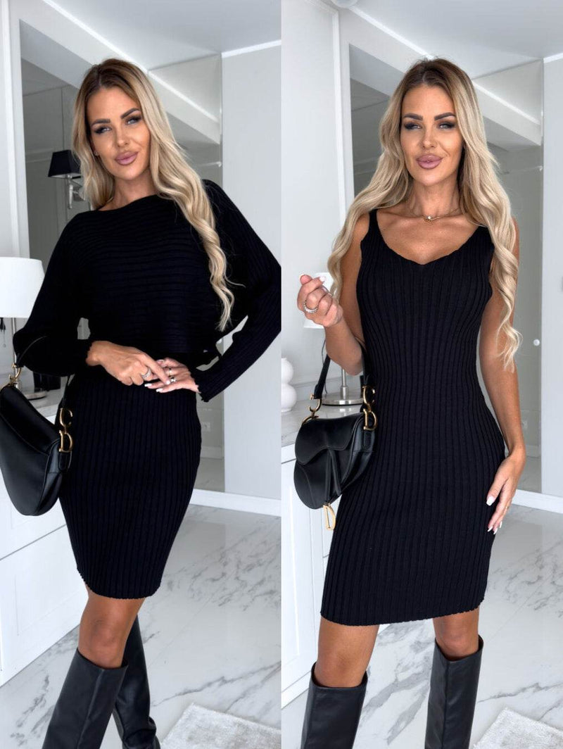 2pcs Suit Women's Solid Stripe Long-sleeved Top And Tight Suspender Skirt Fashion Autumn Winter Slim Clothing - Global Merch Markets