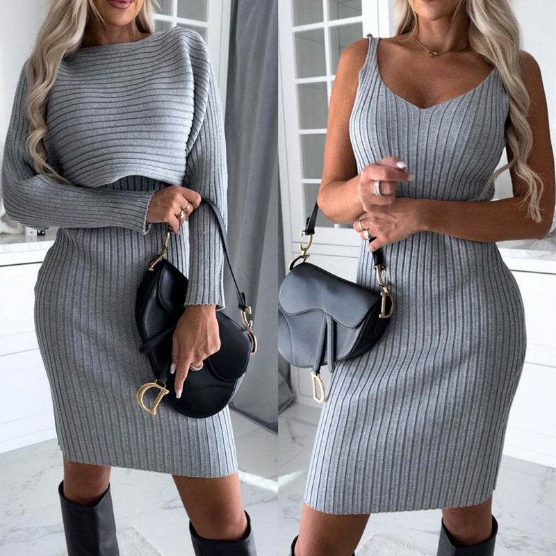 2pcs Suit Women's Solid Stripe Long-sleeved Top And Tight Suspender Skirt Fashion Autumn Winter Slim Clothing - Global Merch Markets