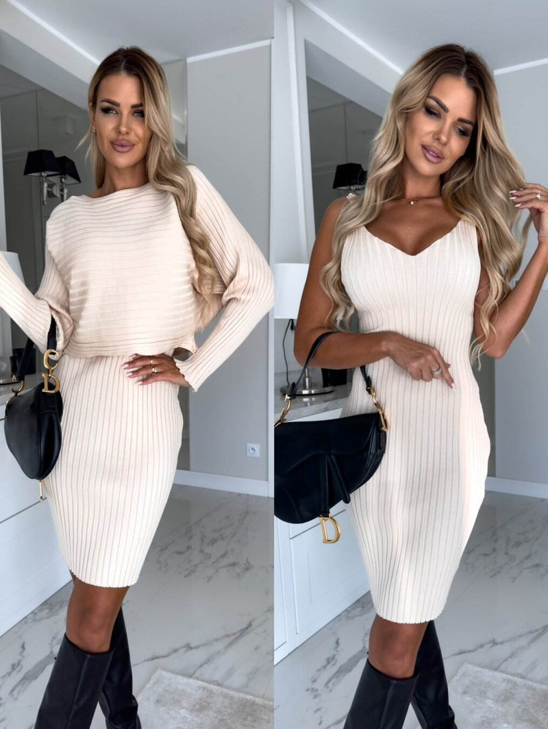 2pcs Suit Women's Solid Stripe Long-sleeved Top And Tight Suspender Skirt Fashion Autumn Winter Slim Clothing - Global Merch Markets