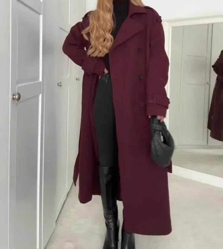 Elegant Bordeaux Lapel Mix Maxi Overcoat - Global Merch Markets