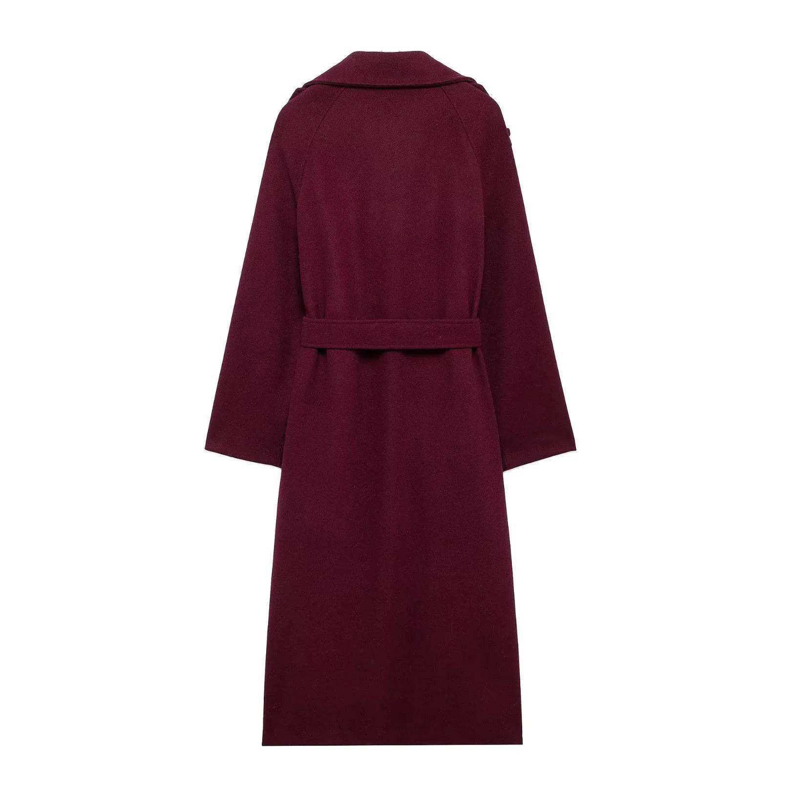 Elegant Bordeaux Lapel Mix Maxi Overcoat - Global Merch Markets