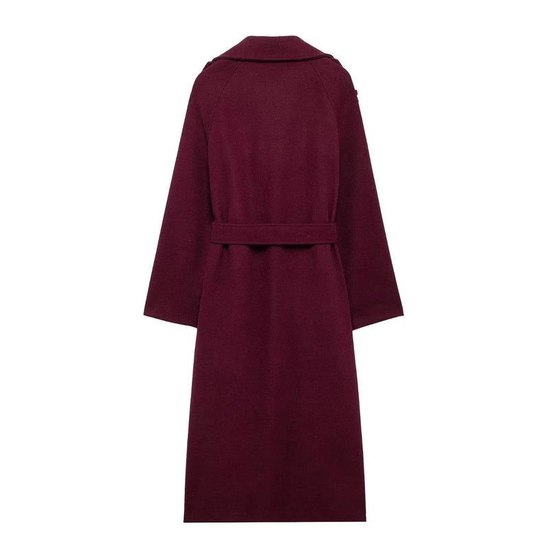 Elegant Bordeaux Lapel Mix Maxi Overcoat - Global Merch Markets